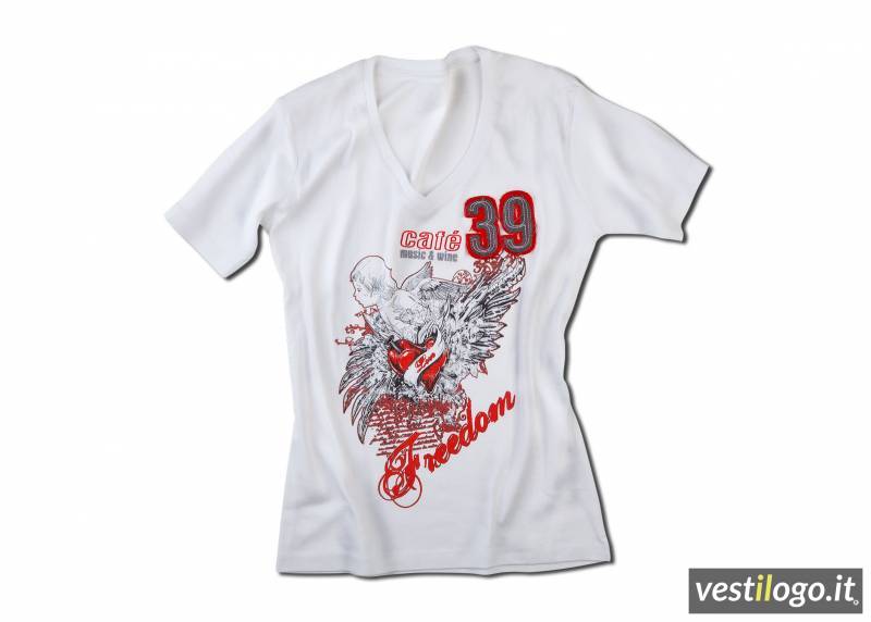 Tshirt Scollo a V con Ricamo alla Moda per Cafè, Music e Wine Bar